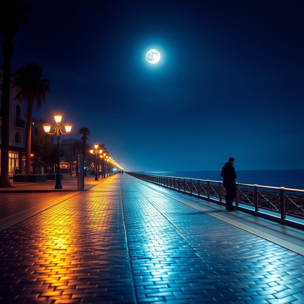 Hyperrealistic Boulevard at Night with Warm Streetlights