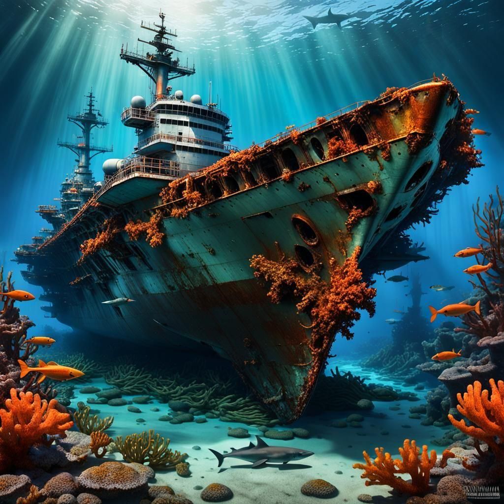 Sunken Aircraft Carrier in Coral Waters