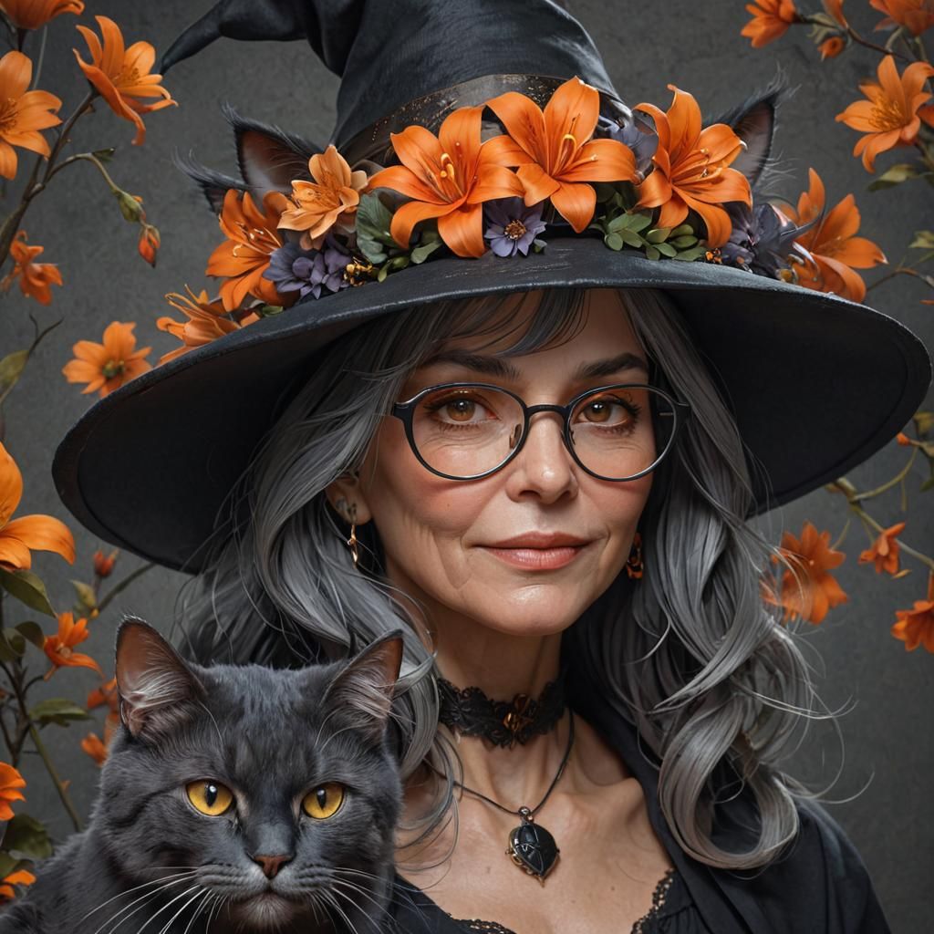 Enchanting Portrait of an Older Witch with Black Cat