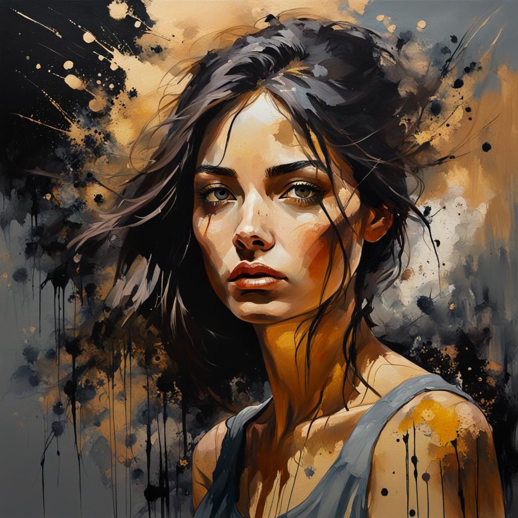 Serene Girl Portrait with Ink Splashes as Oil Painting