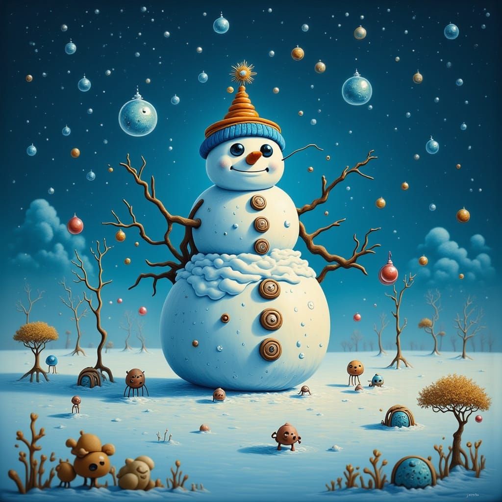 Cheerful Snowman in Starry Winter Night