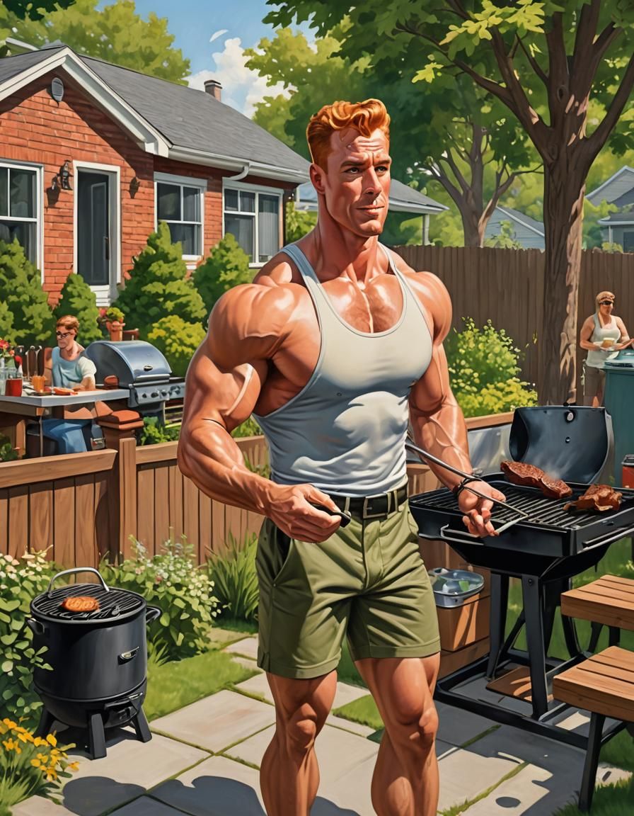 Hyper-Muscular Man Grilling in a Fantastical Illustration