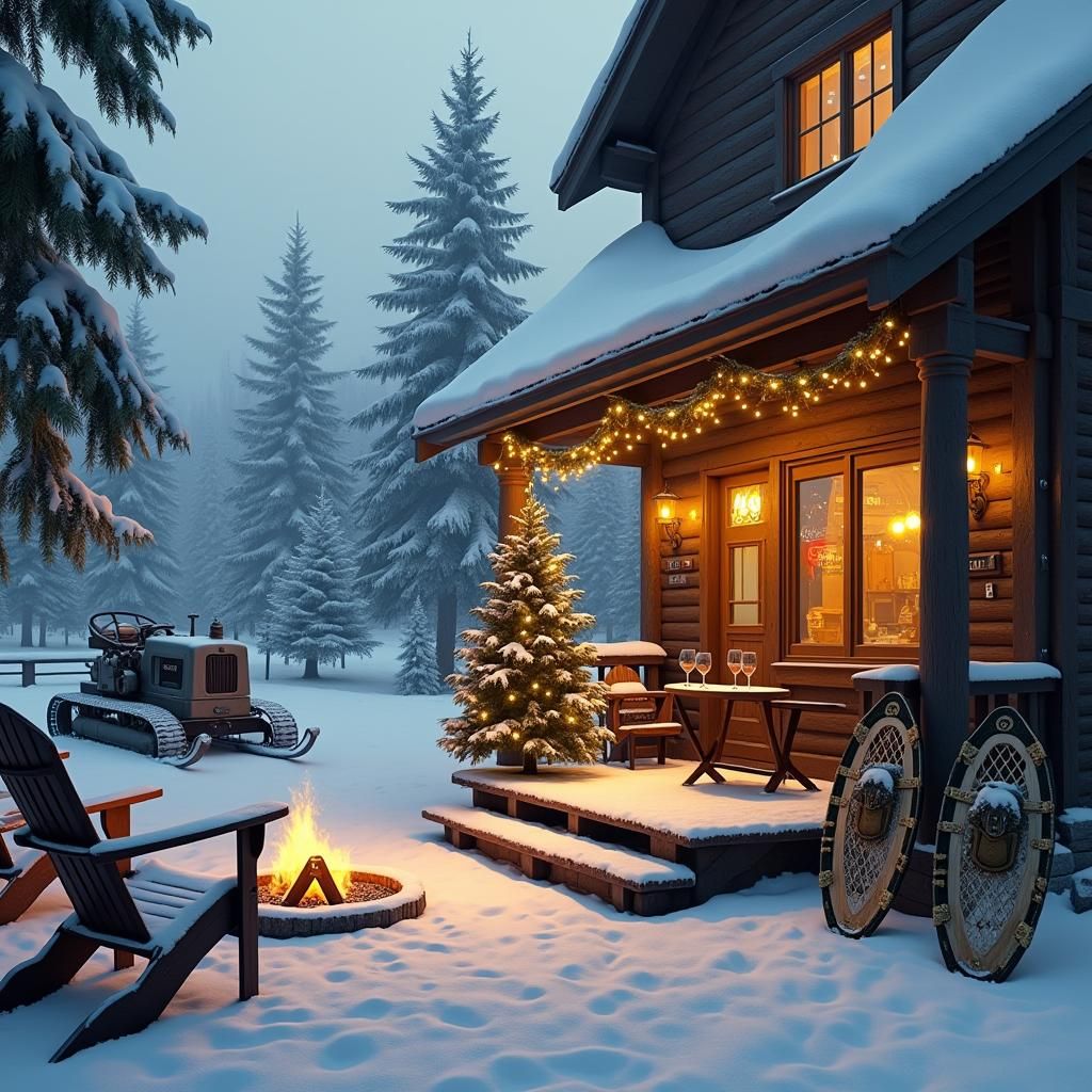 Snowy Mountain Coffee Shop in Digital Art Style