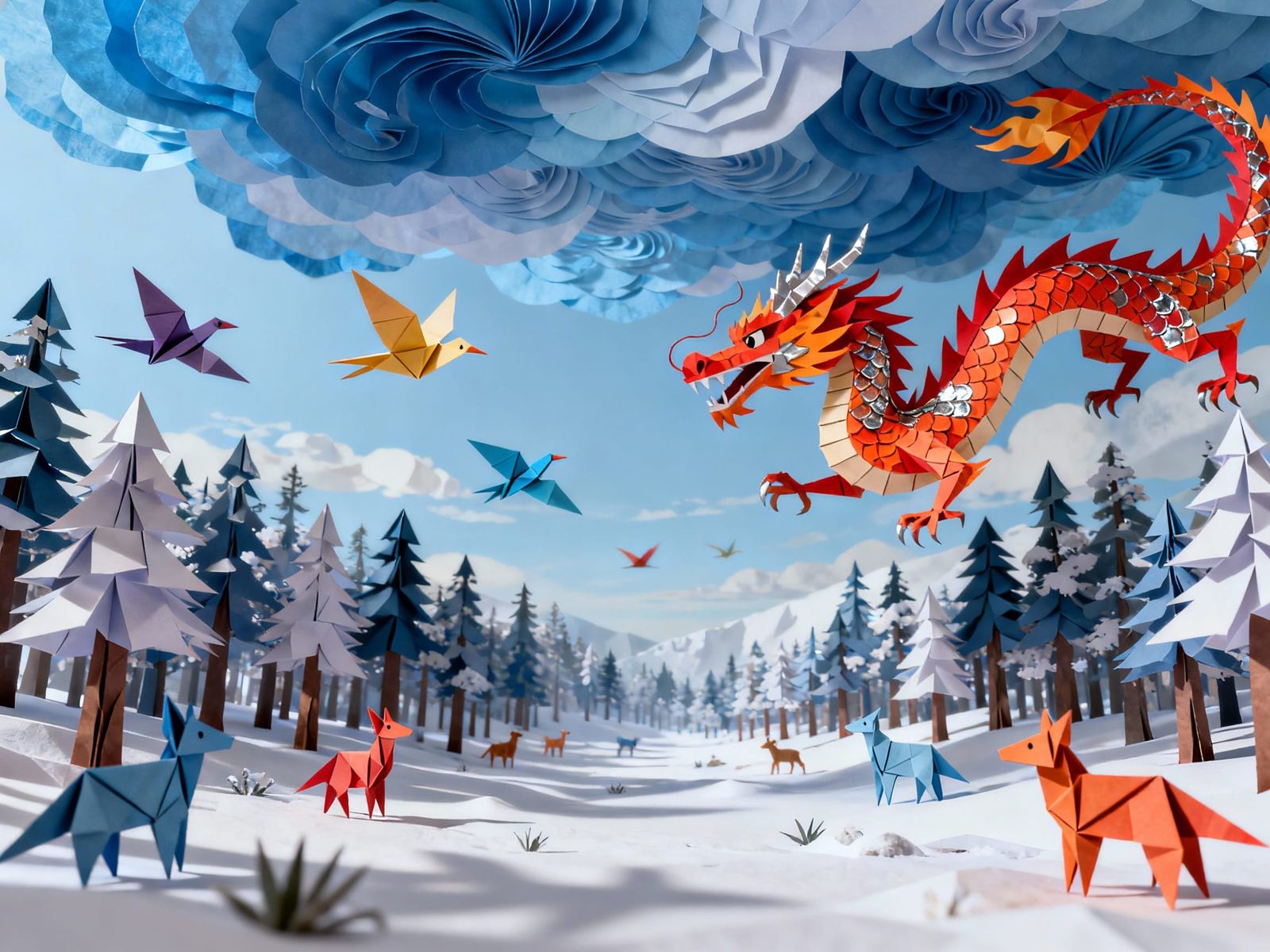 Origami Winter Forest With Dragons and Creatures