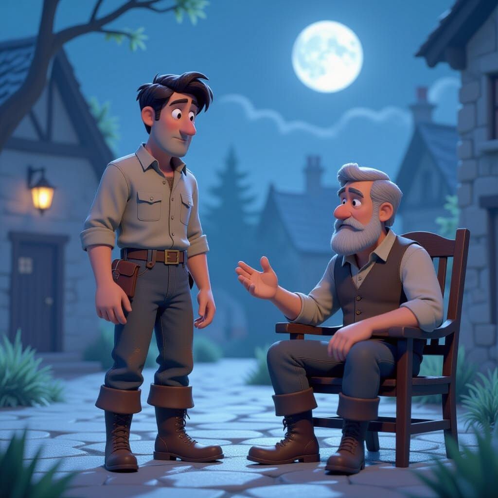 Shepherd and Older Man in Moonlit Courtyard, Pixar-style