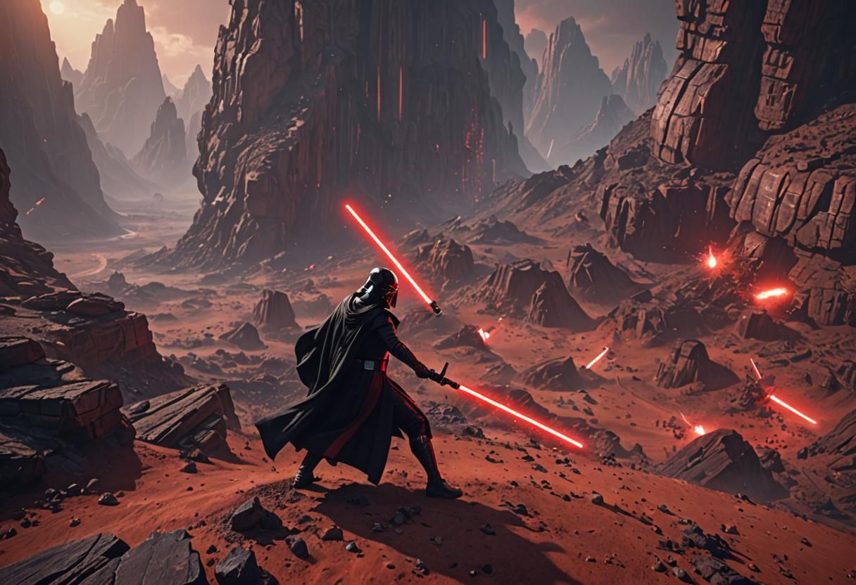 Sith Lords in Lightsaber Duel on Dark Planet