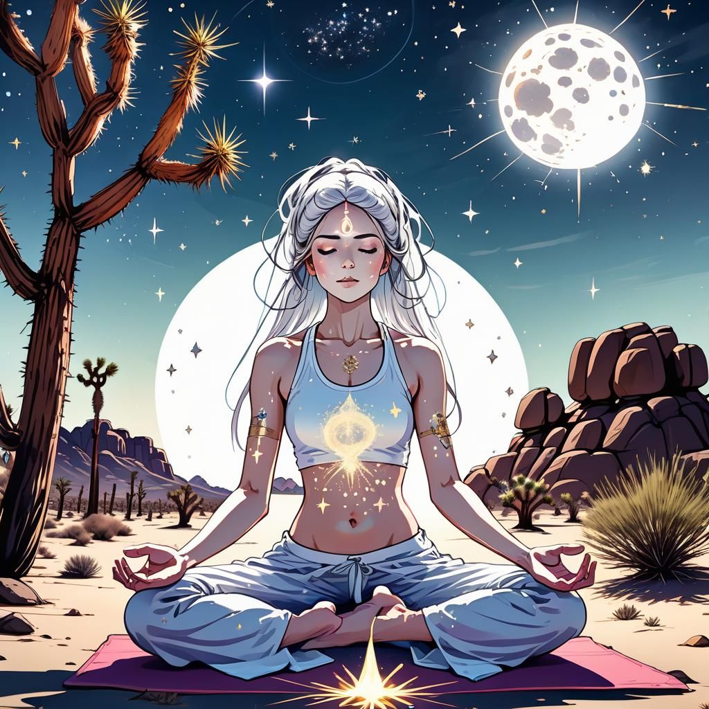 Anime Woman Doing Yoga in Desert, Graffiti Art