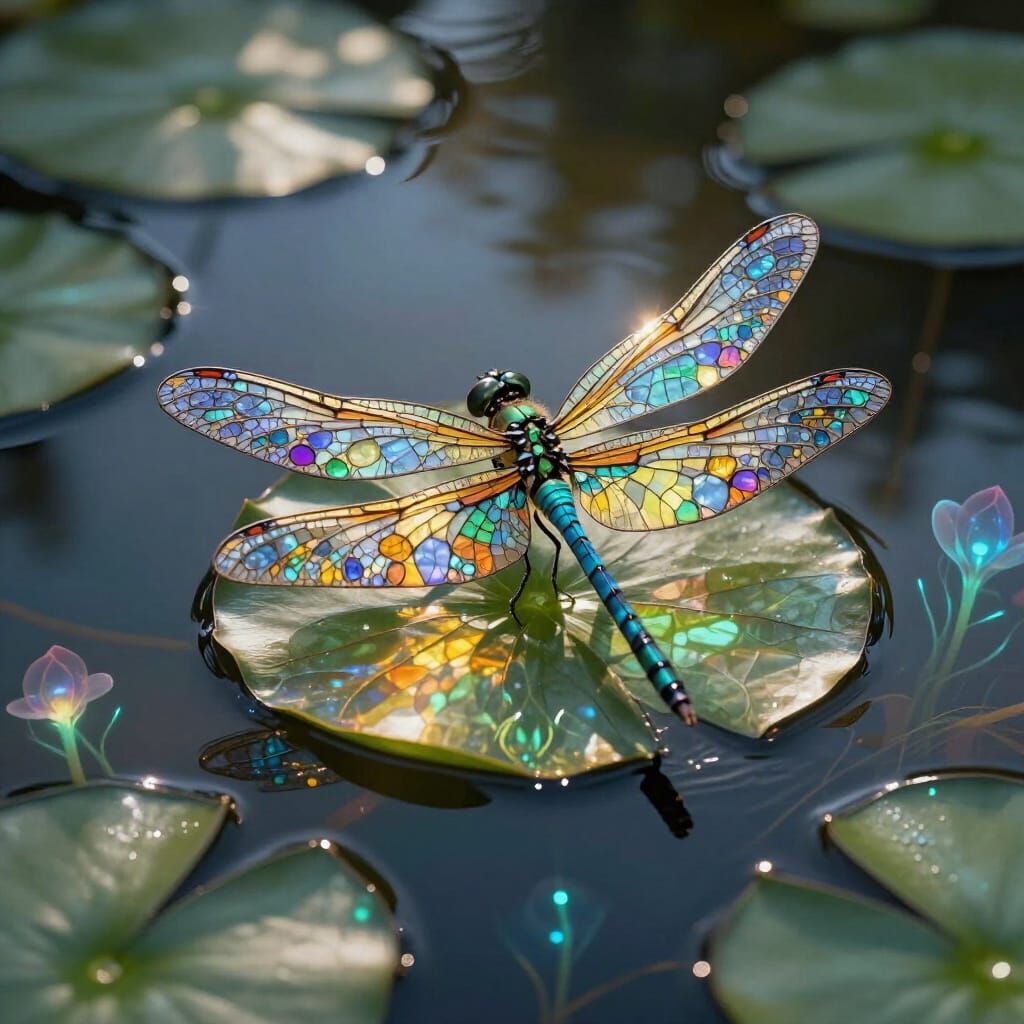 Dragonfly with Stained Glass Wings on Magical Pond