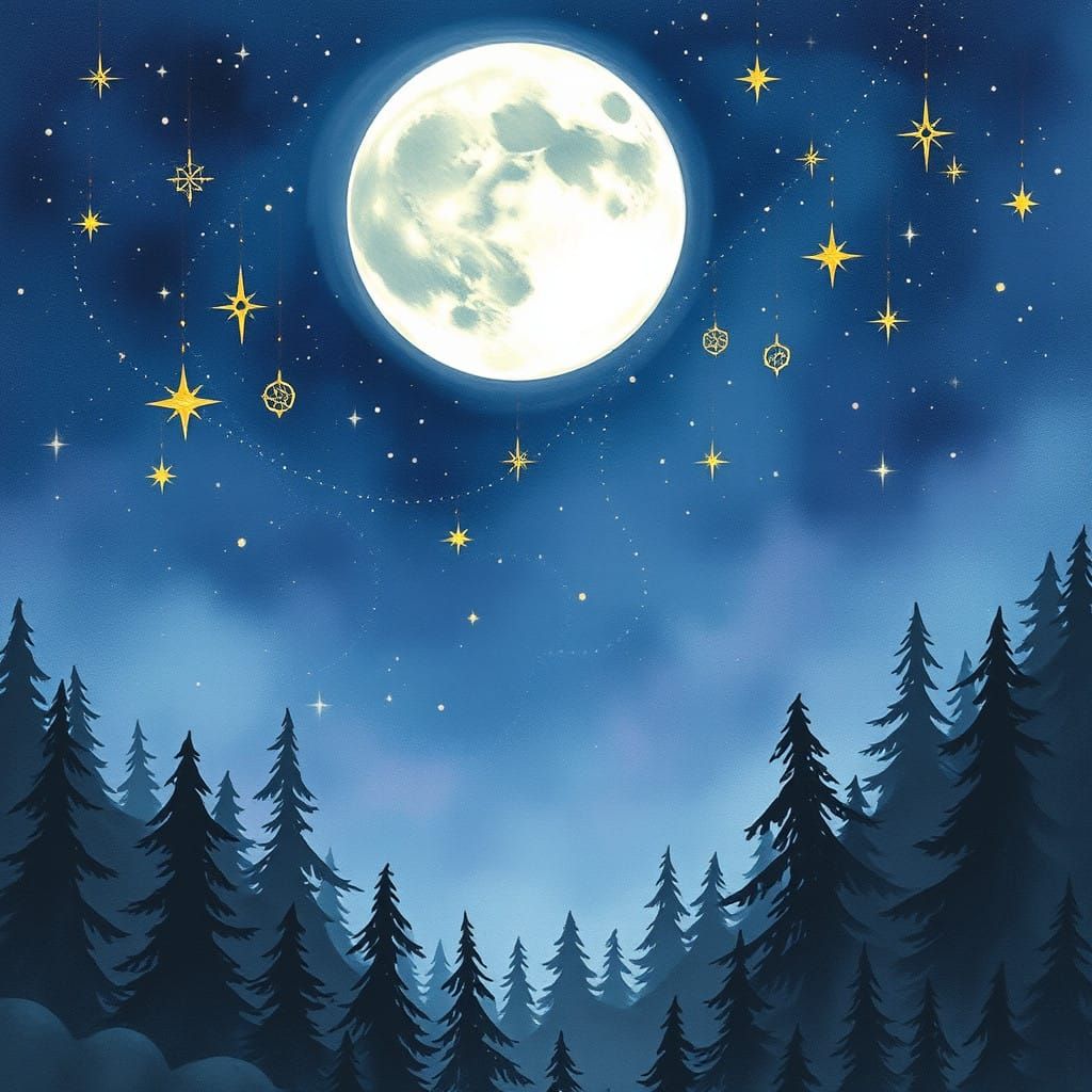 Dreamy Watercolor Night Sky with Whimsical Details