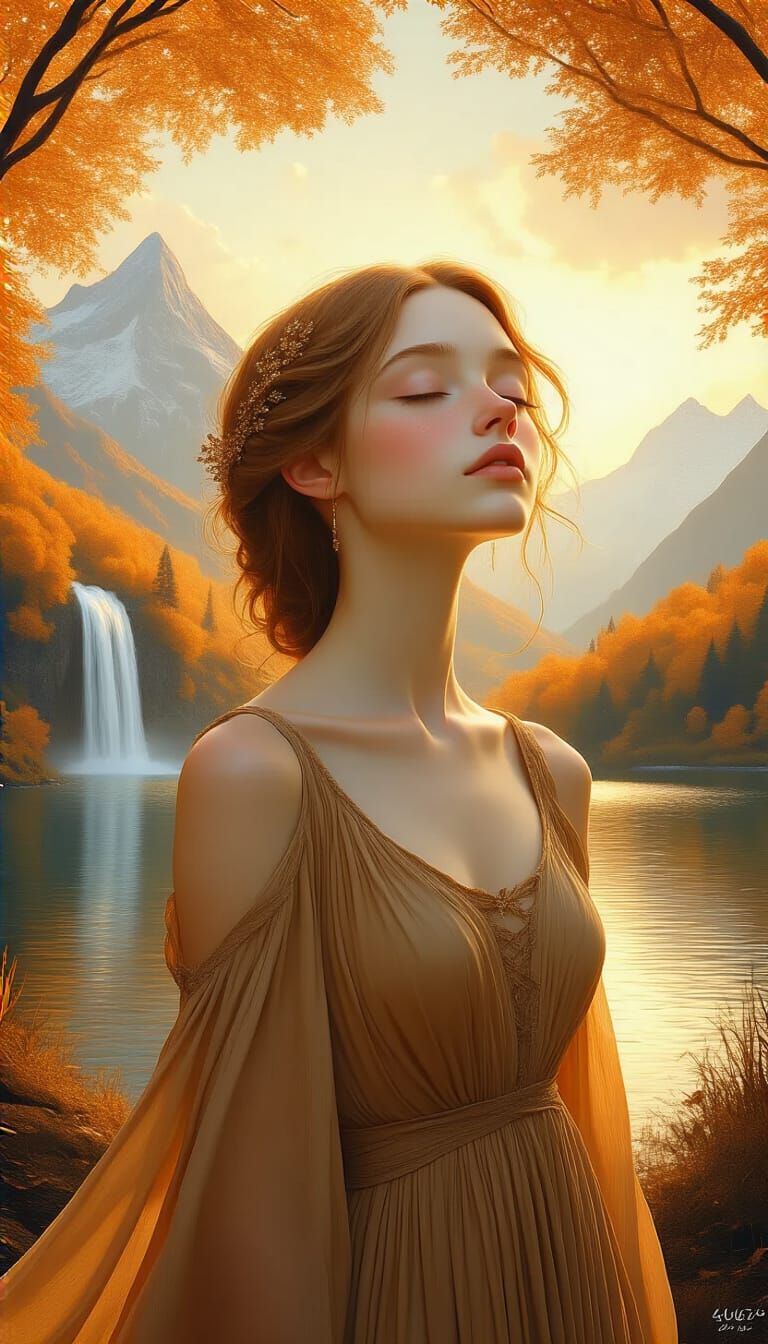 Serene Woman in Autumn Landscape, Realistic Rendering