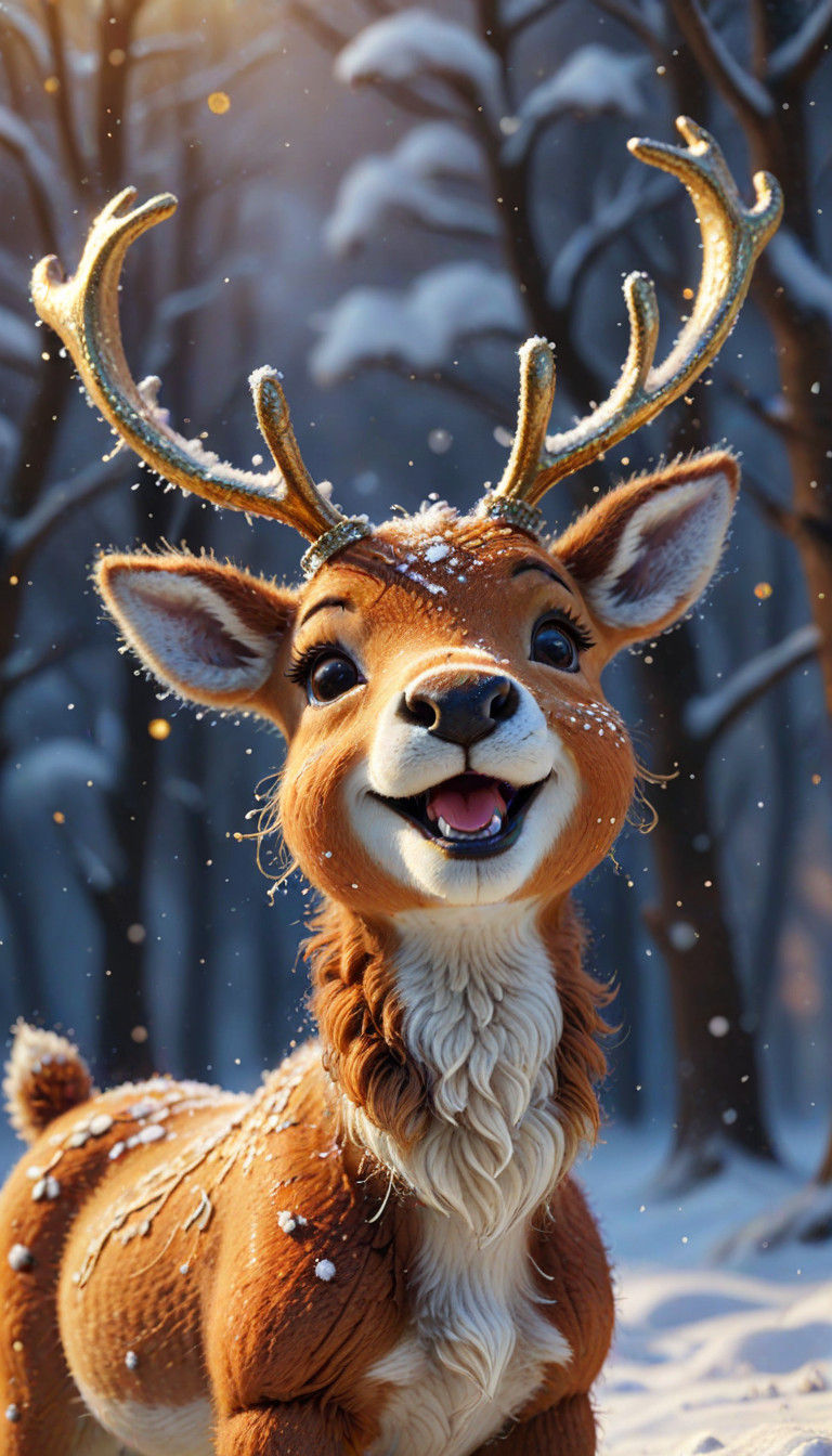 Vibrant Reindeer Smiles in Sparkling Snowscape
