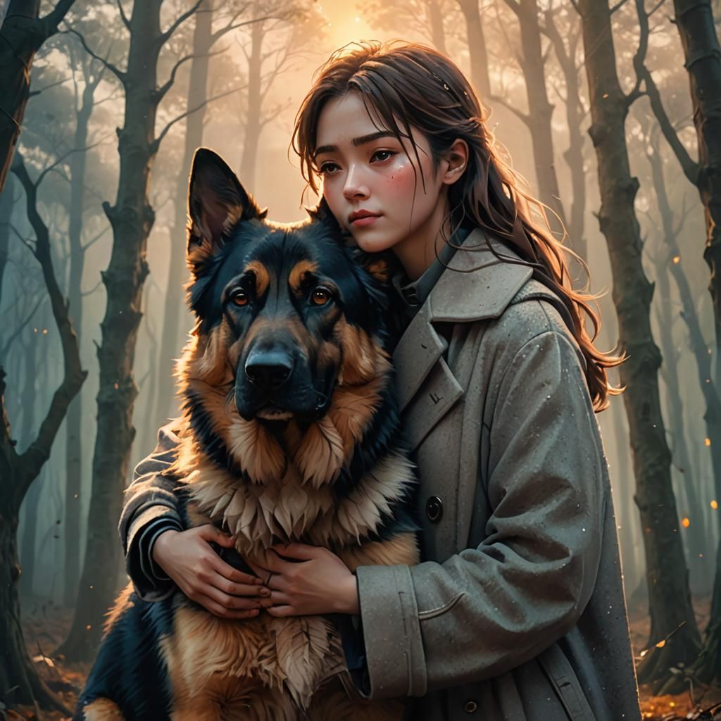 Farewell Embrace: Anime Style Woman and Dog