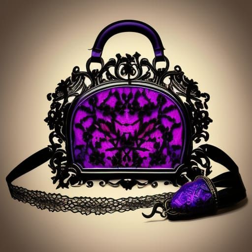 Victorian gothic black lace handbag with Vibrant purple accents with High quality details& elegant details& Victorian vi...