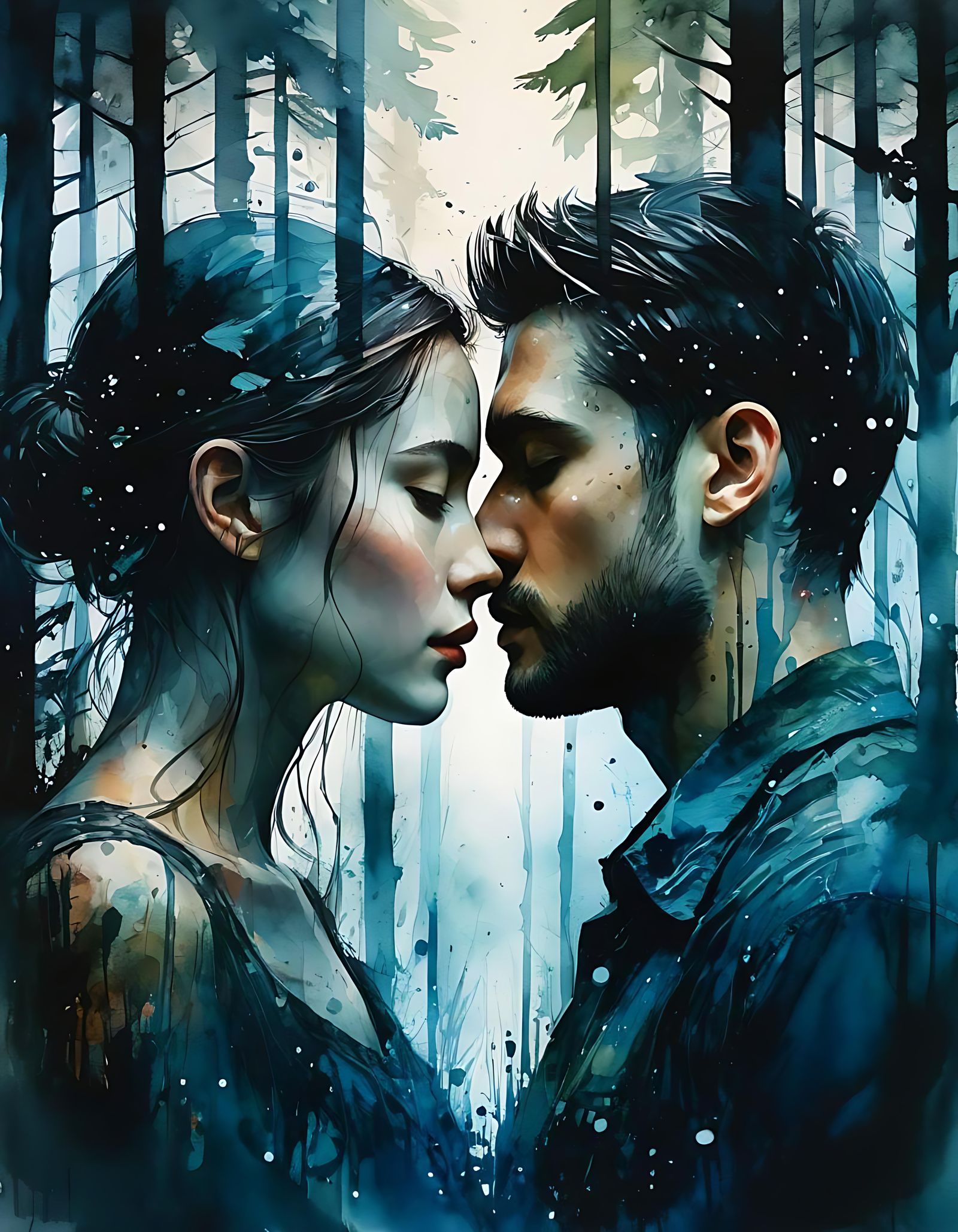 Watercolor Double Exposure Portrait: Forest Encounter