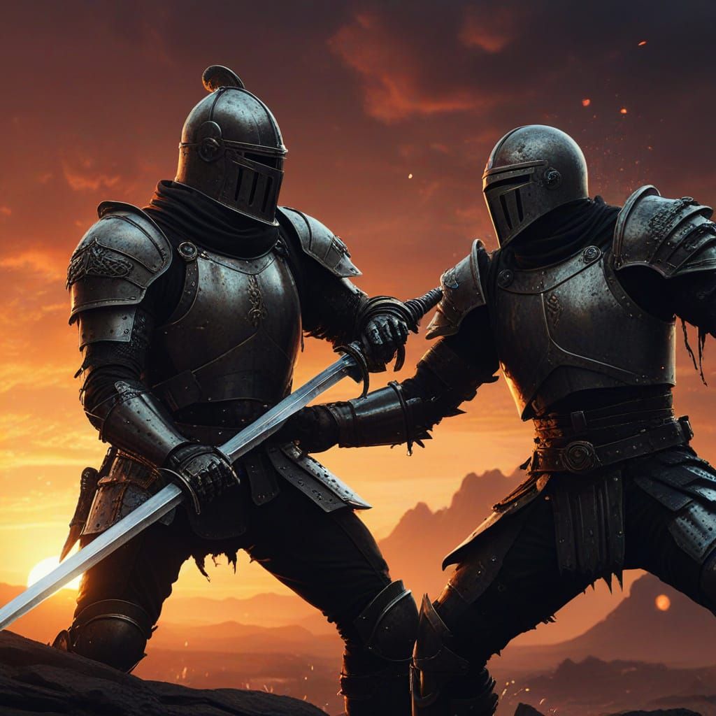 Knight vs Soldier in Dark Sci-Fi Frank Frazetta Style