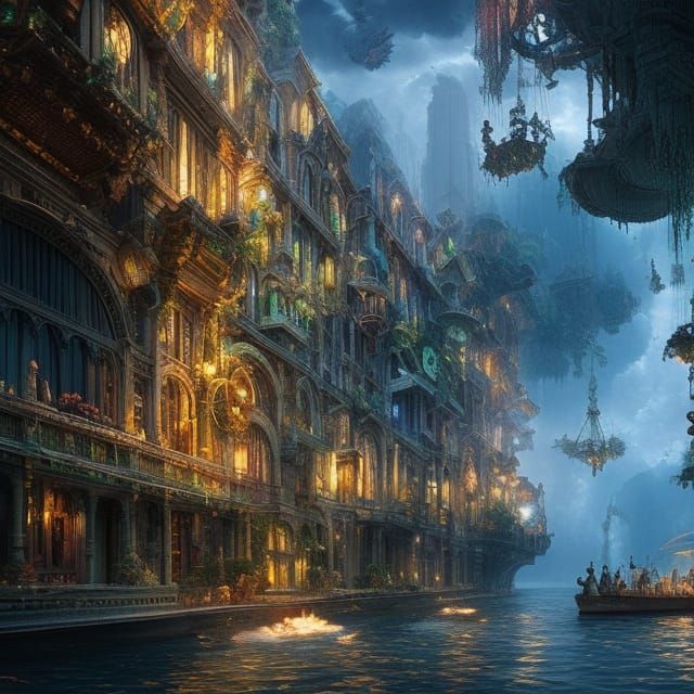 Futuristic Cityscape with Floating Gardens: Digital Matte Pa...