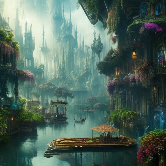 Futuristic City with Floating Gardens in Digital Painting