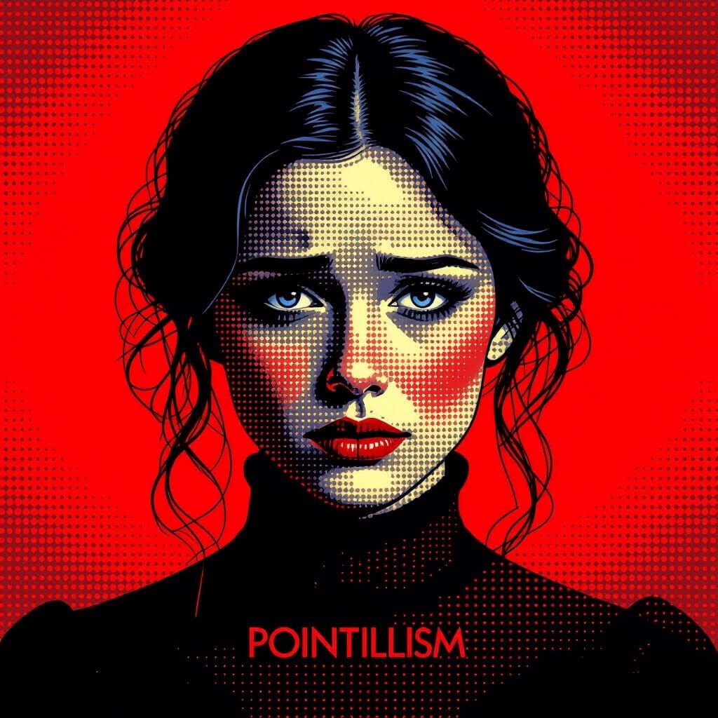 Fear in Pointillism: Woman's Face on Red