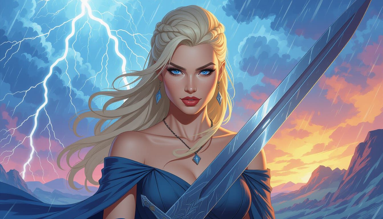 Viking Warrior Woman in Storming Magical Landscape