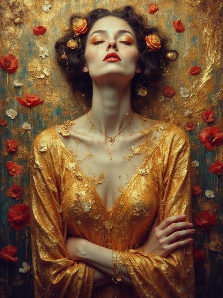 Gustav Klimt-Inspired Woman in Vibrant Gold and Colorful Whi...