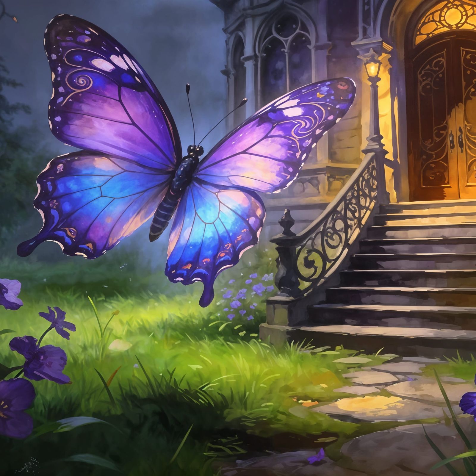 Elegant Aliform Violet Butterfly Banner at Goth Mansion