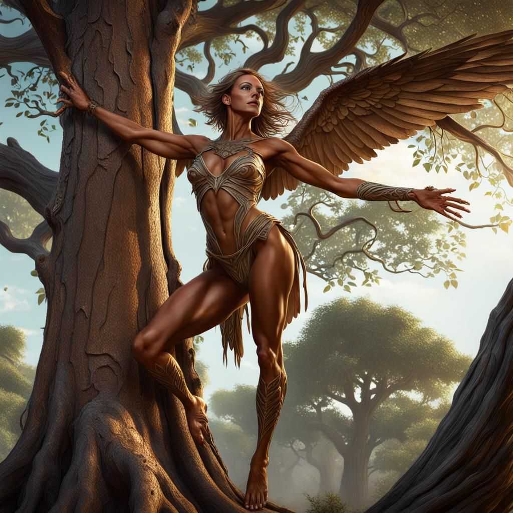 Dark Fantasy Woman on Tree Trunk in 8K