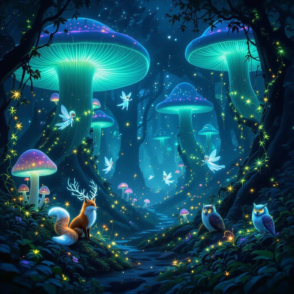 Bioluminescent Forest at Night with Magical Creatures