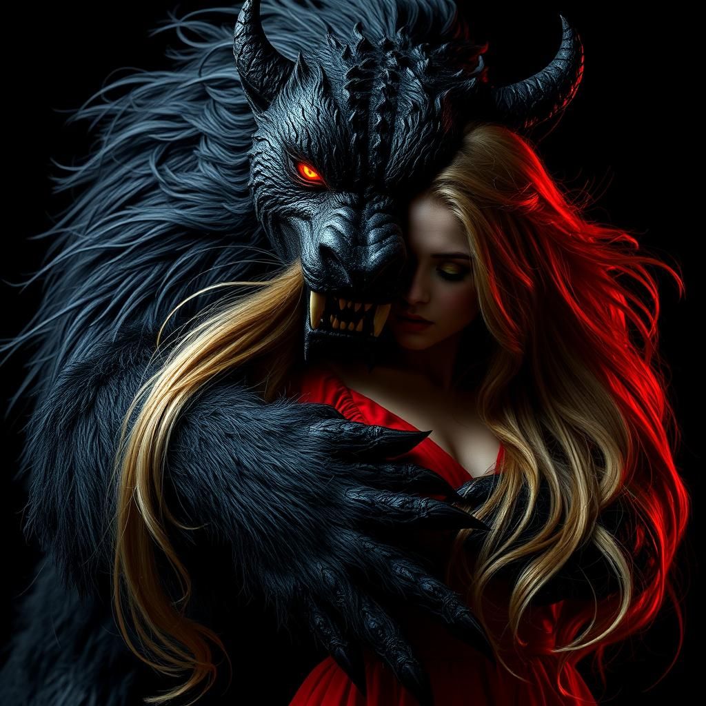 Beast's Embrace: Woman in Red Dress