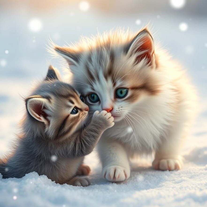 Hyperrealistic Kitten Play in Snowy Scene