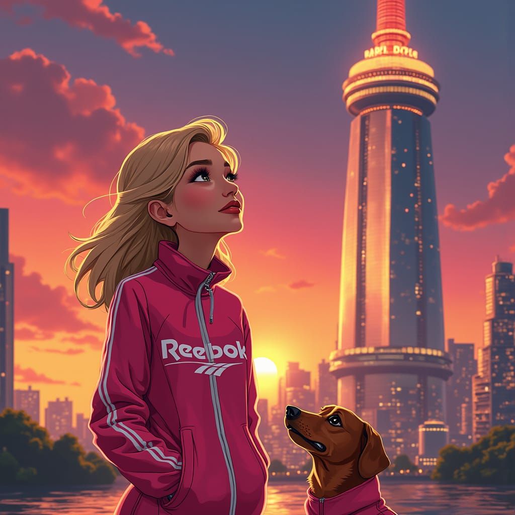 Woman and Dog in Moscow, Steampunk Art Deco Style