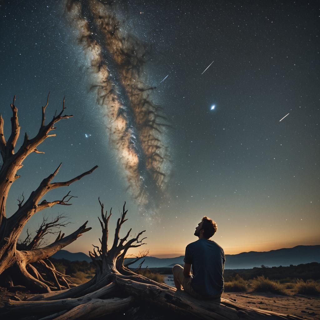 Man Gazing at Milky Way: Cinematic Film Still