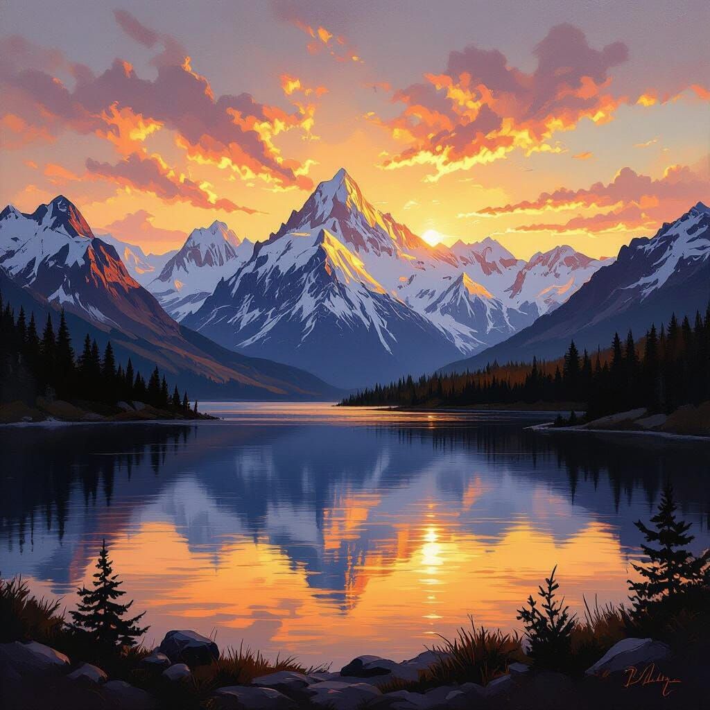 Majestic Mountain Range at Dawn in Impasto Oil Style