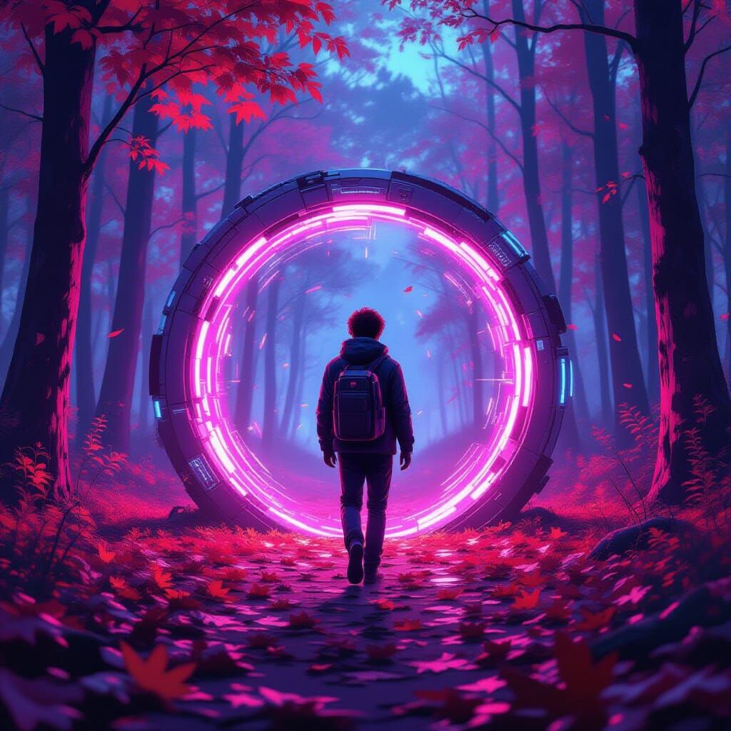 Confused Traveler Emerges From Neon Portal Into Autumn Fores...