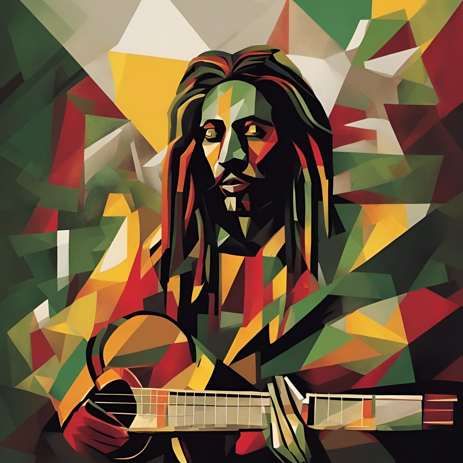 Cubist Rastafarian Guitarist in Geometric Fauvism