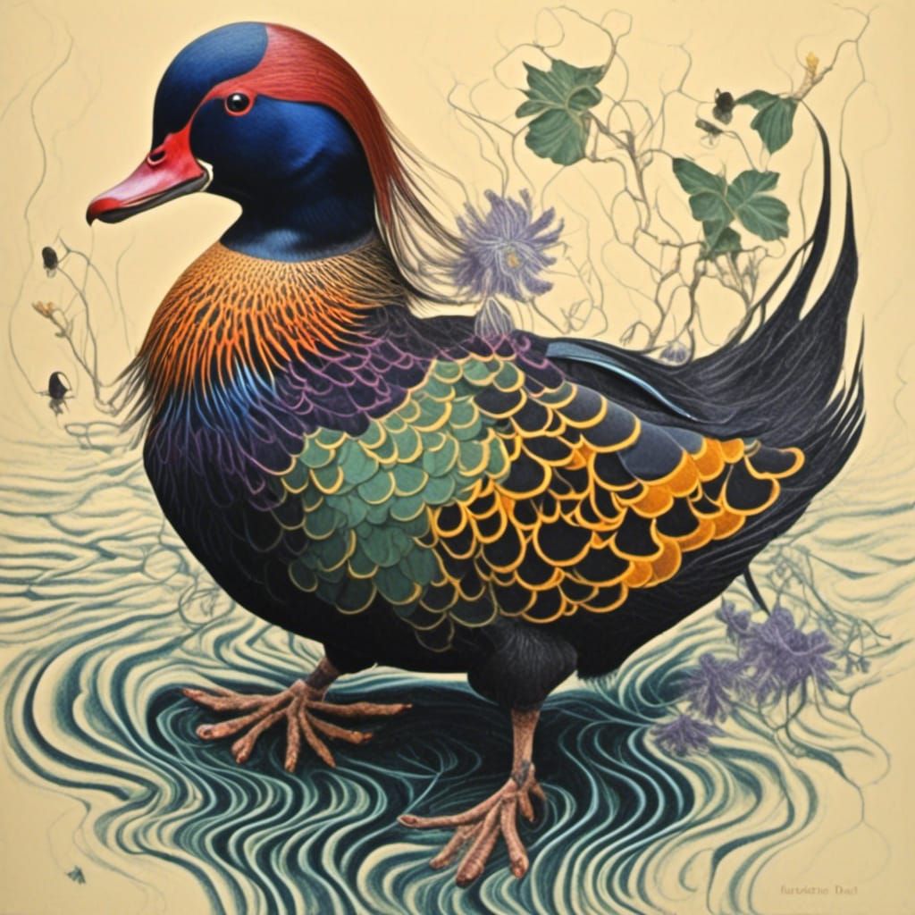 Mandarin Duck in Dark Floral Style