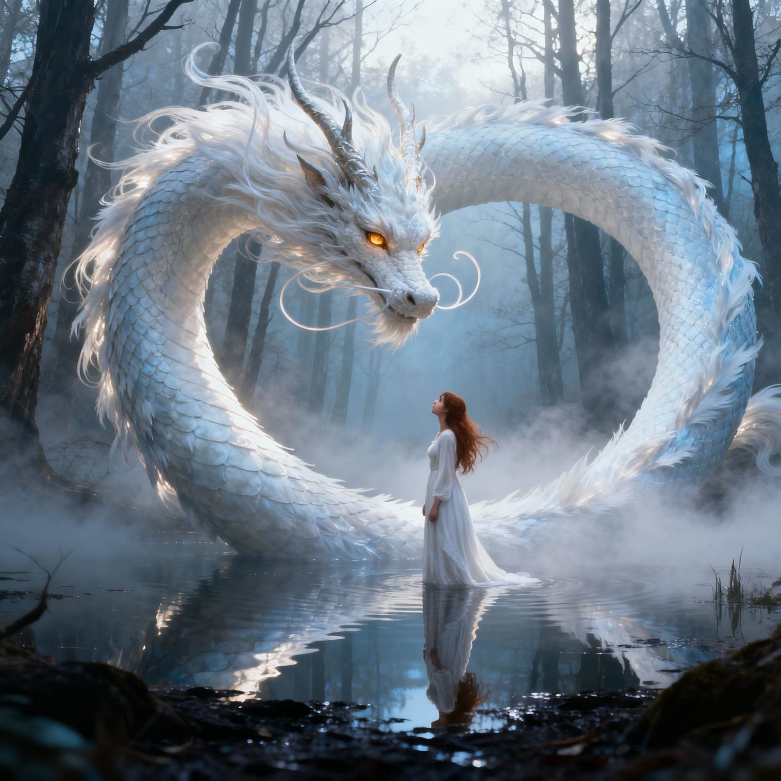 Majestic White Dragon and Princess in Misty Forest