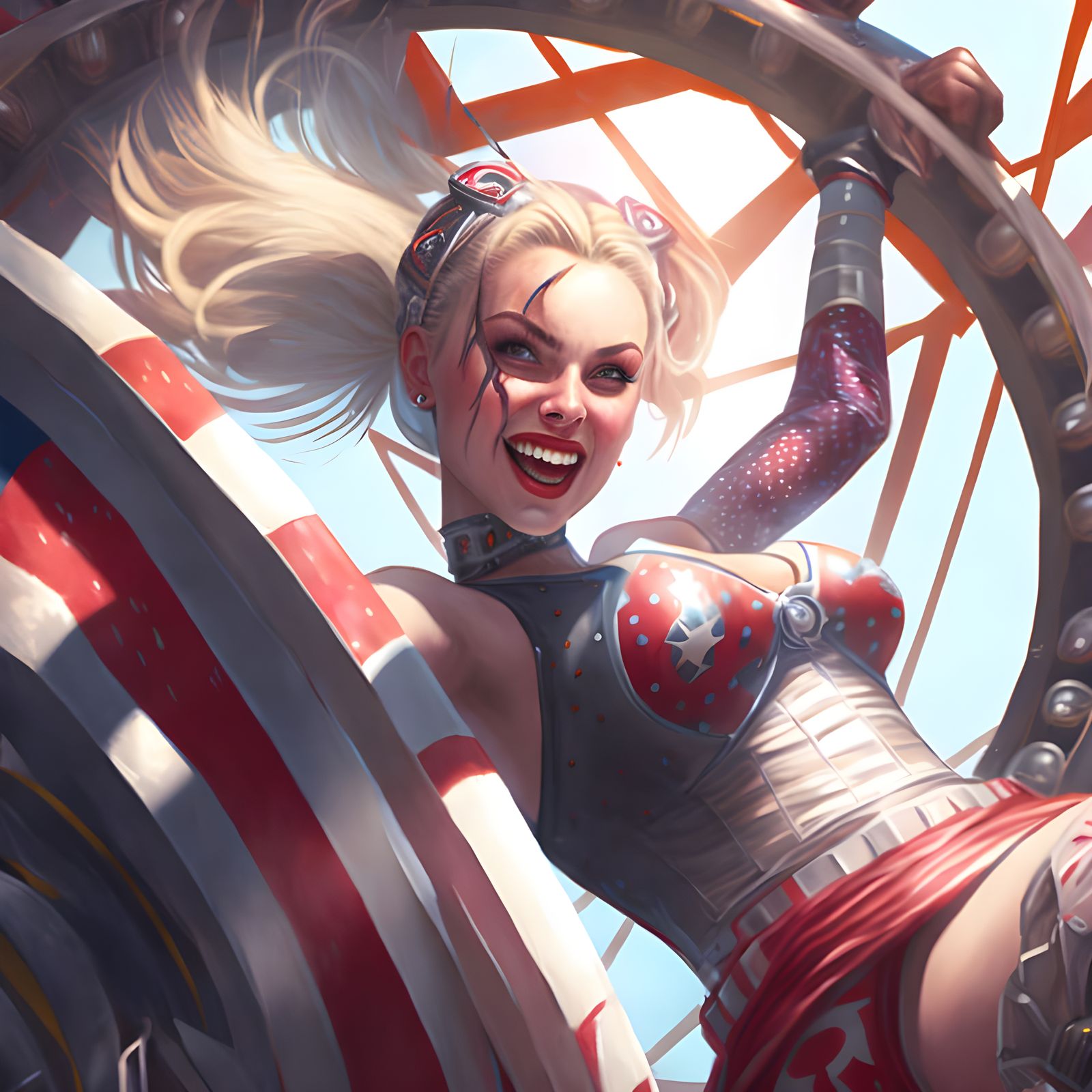Harley Quinn on Spinning Top: Detailed Fantasy Art