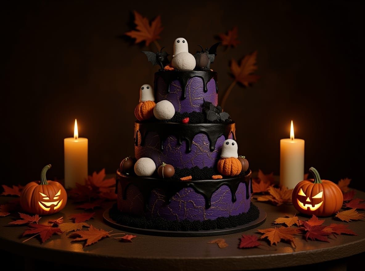 Exquisite Halloween Cake with Galaxy Frosting and Gothic Det...