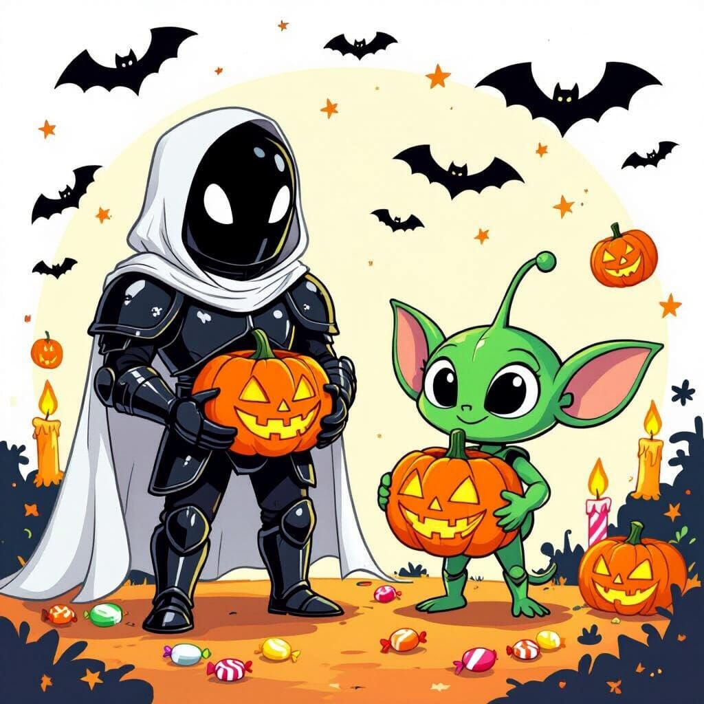 Space Lord Ghost Meets Alien With Giant Pumpkin
