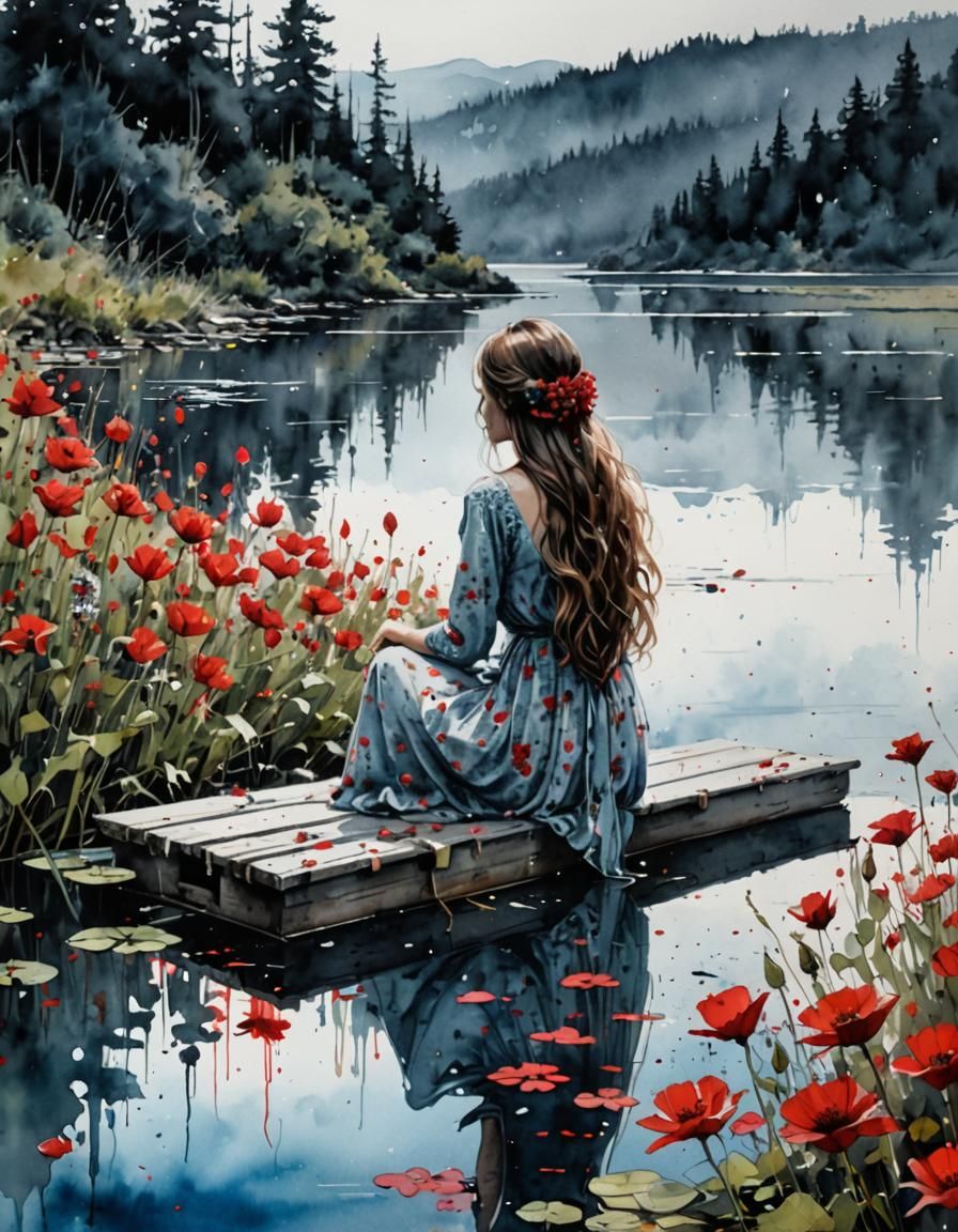 Woman on Dock with Flowers: Watercolor Ink Art