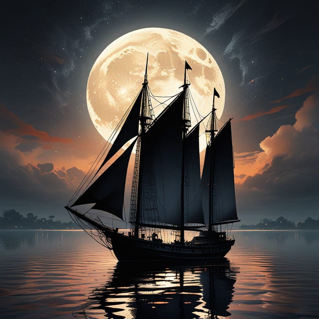 Sailboat Silhouette Under Neon Moon: Impressionist Painting
