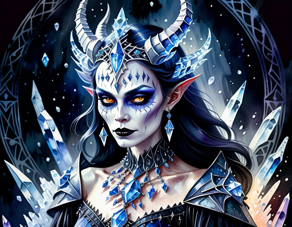 Gothic Ice Queen Demoness in Watercolour Style