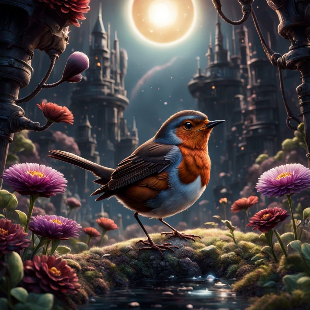 Robin Bird in Dark Surrealist Landscape