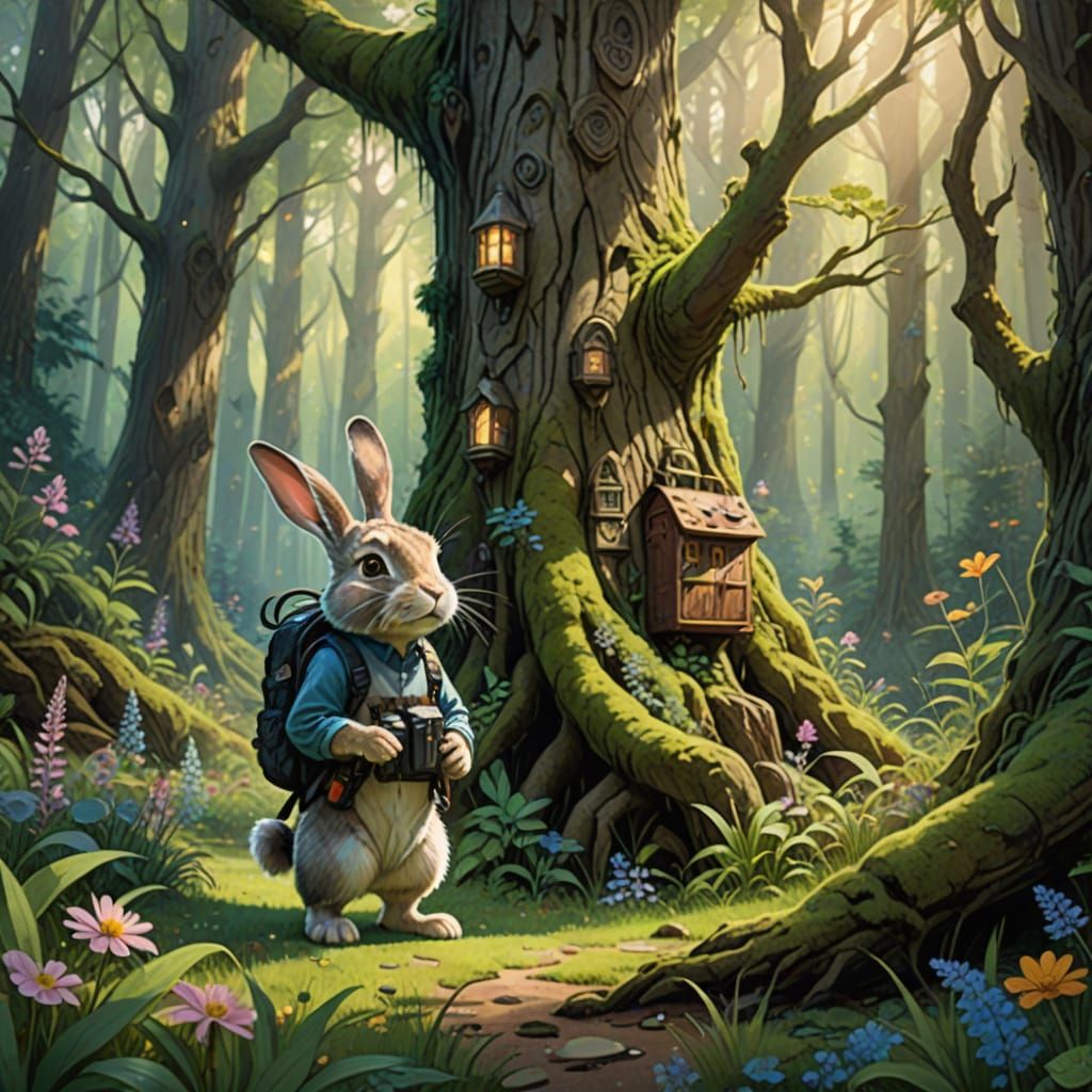 Whimsical Watercolor Bunny Stands at Forest's Edge