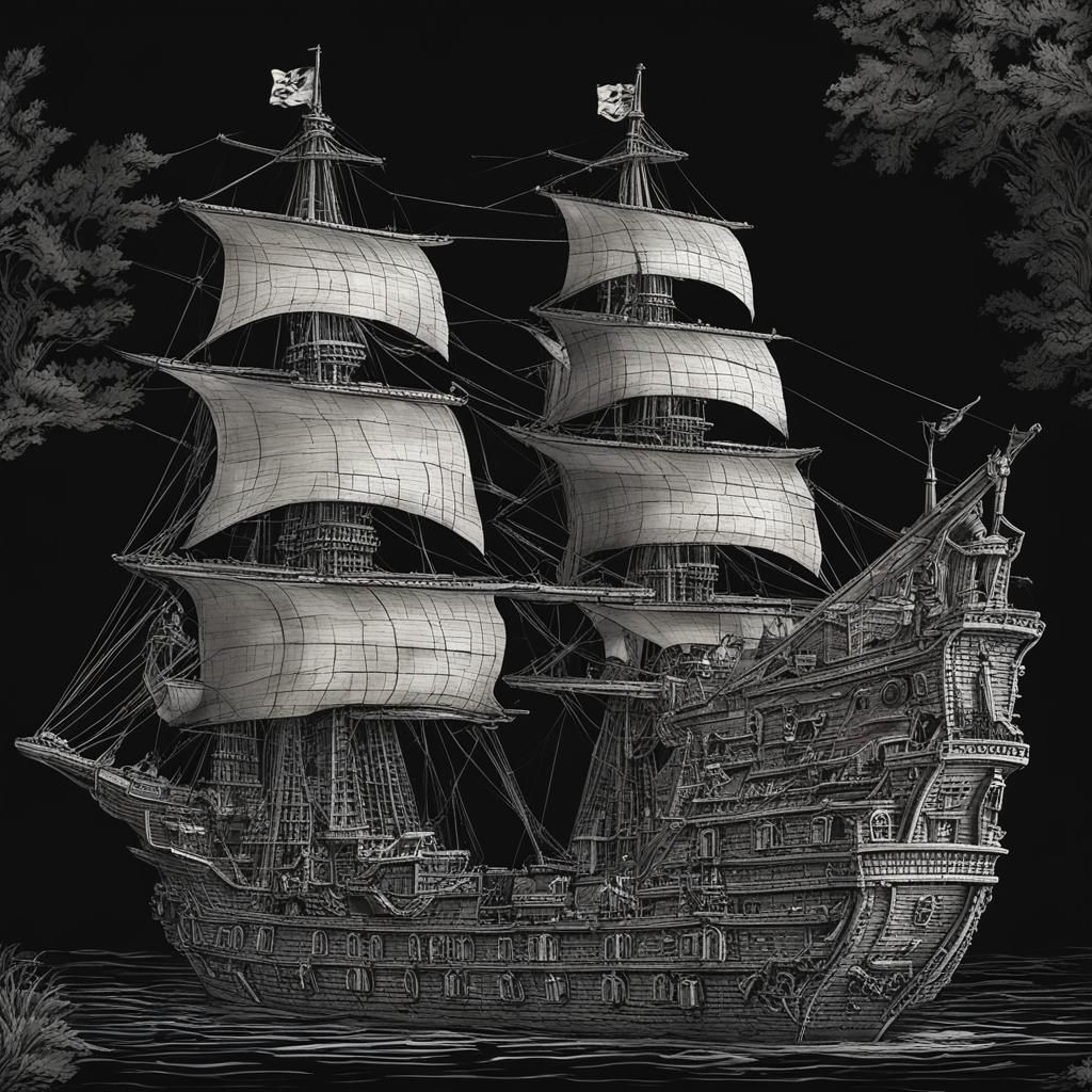 Detailed Pirate Ship on Black Background
