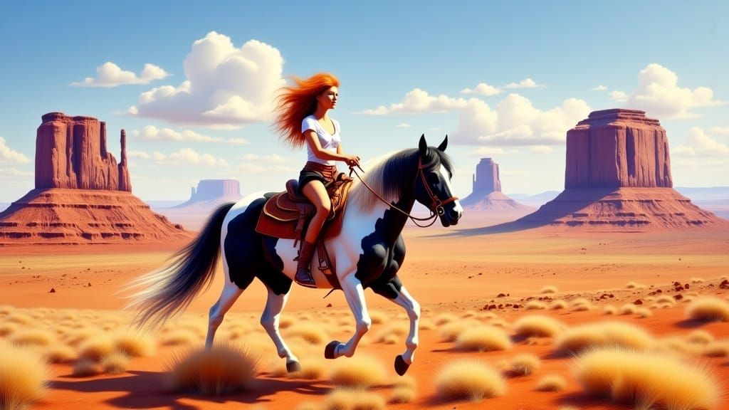 Cowgirl Rides Pinto Horse in Monument Valley Oil Painting