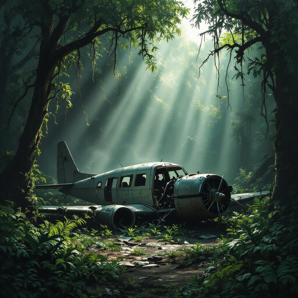 Airplane Wreckage in Forest After Storm