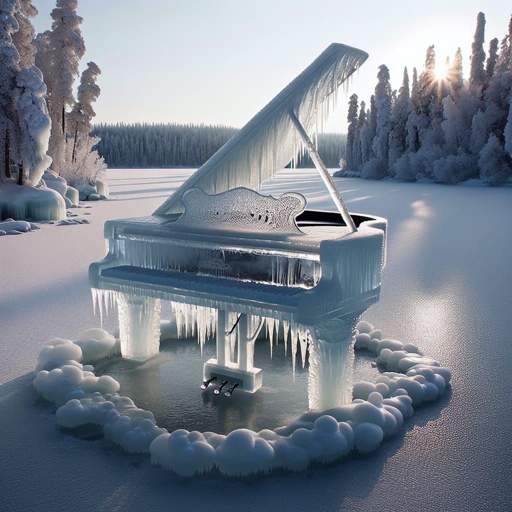 Ethereal Ice Piano on Frozen Lake in Winter Forest