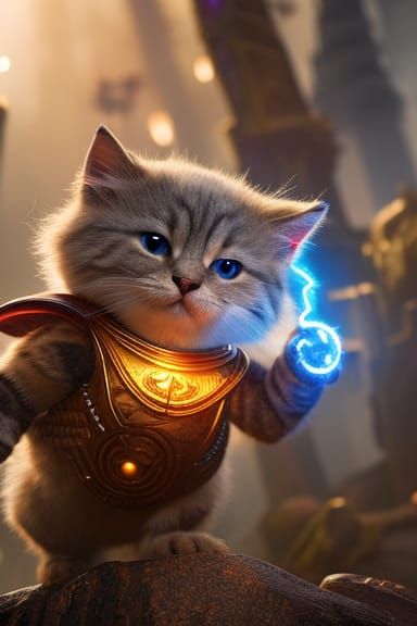 Cute Alien Cat as Thor, 3D Render Cartoon