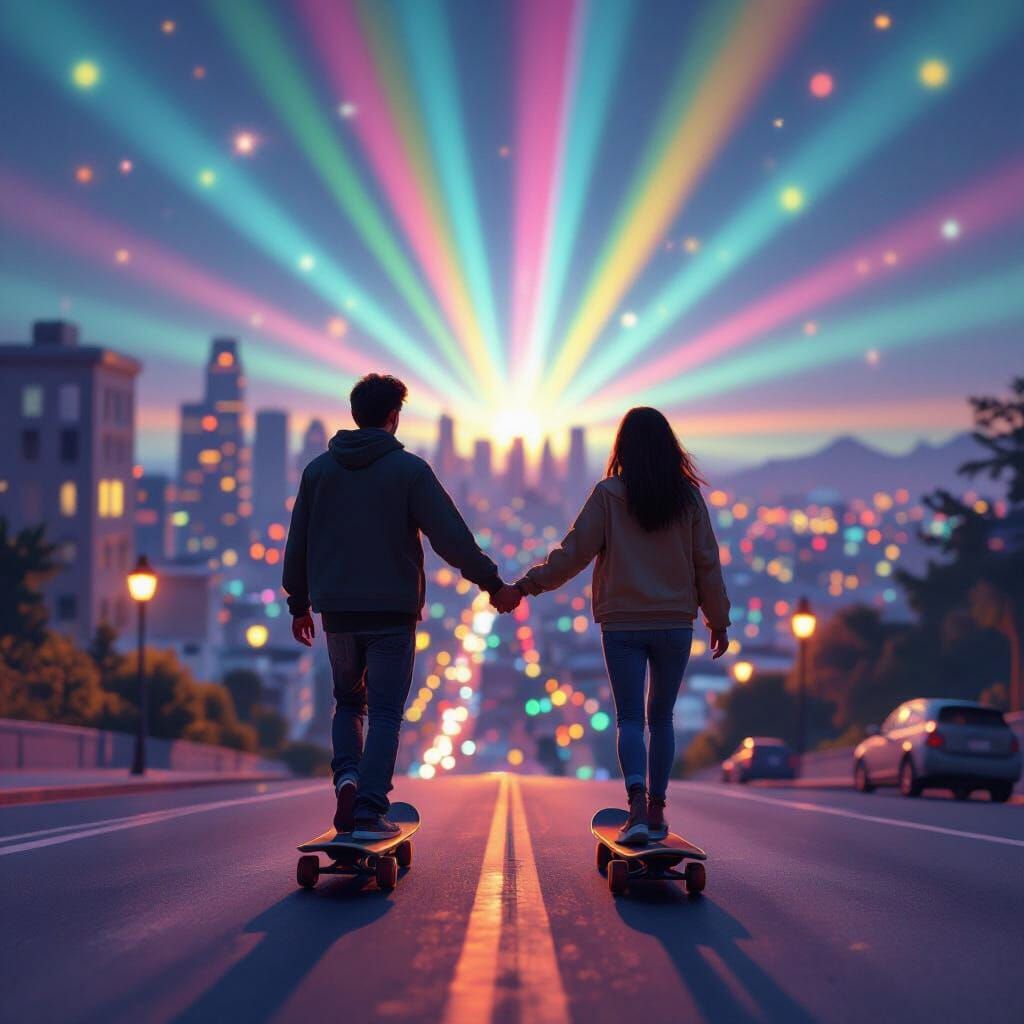 Longboarding Couple in City Nightscape, 3D Digital Art